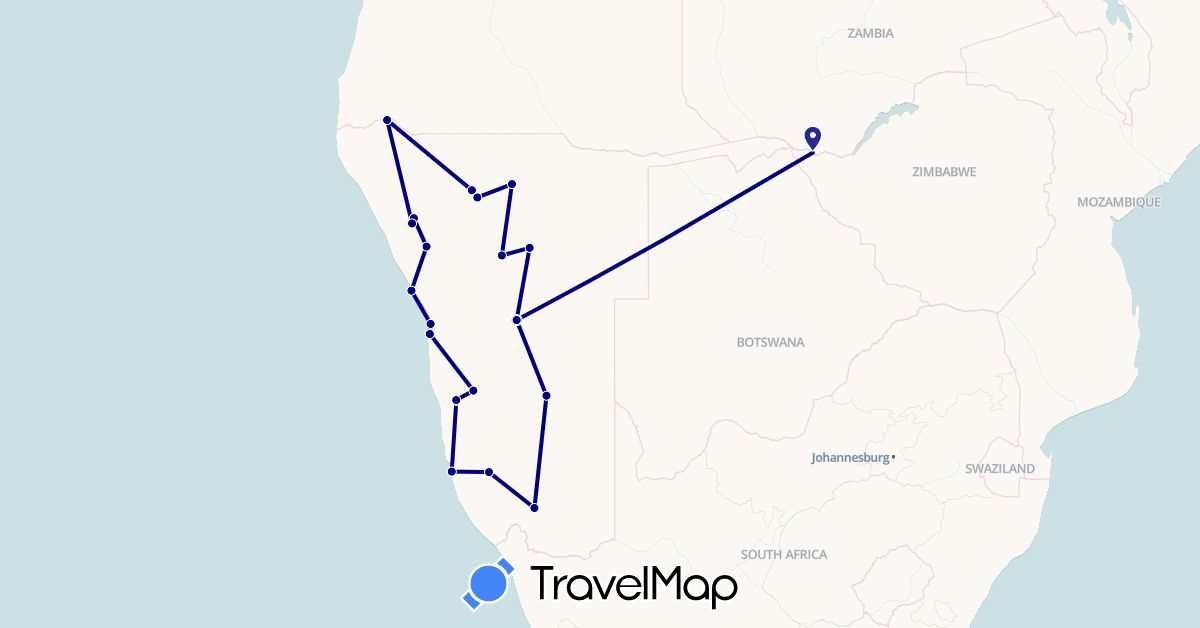 TravelMap itinerary: driving in Angola, Namibia, Zimbabwe (Africa)